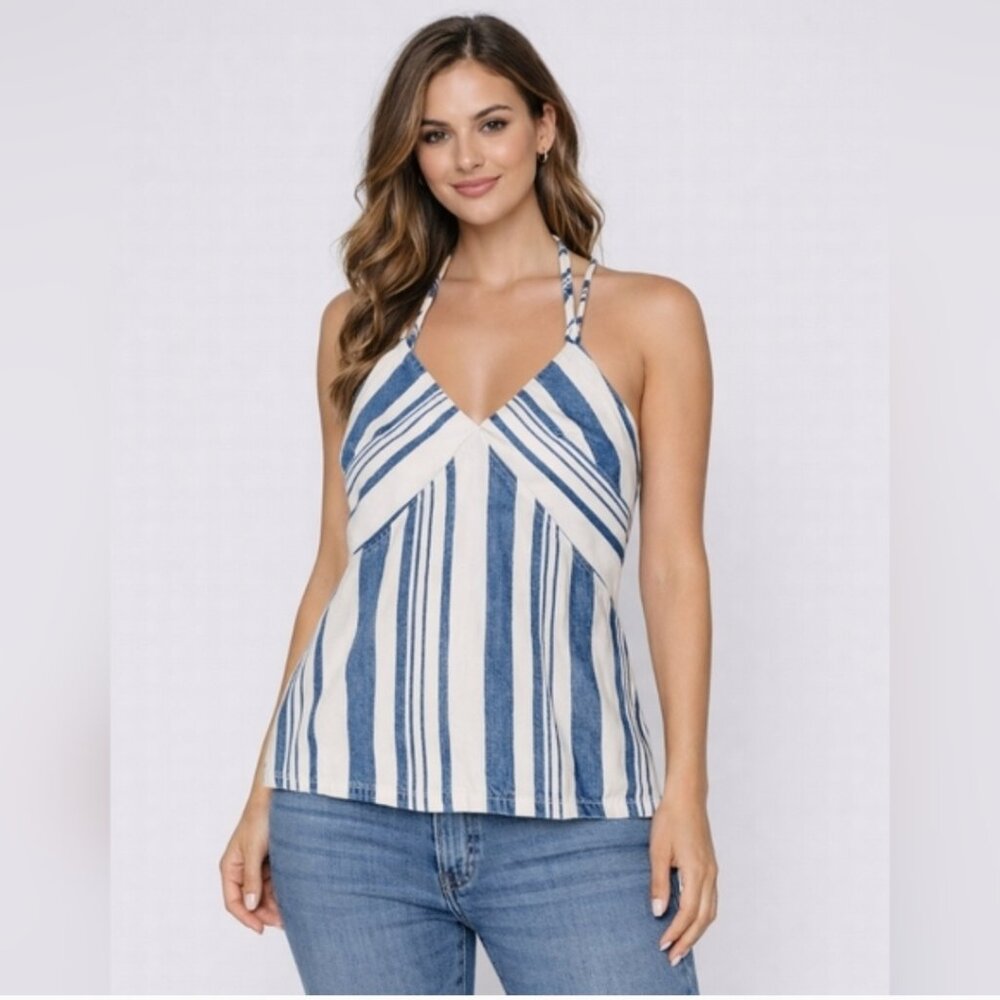 Universal Thread Blue and White Striped V-Neck Halter Tank